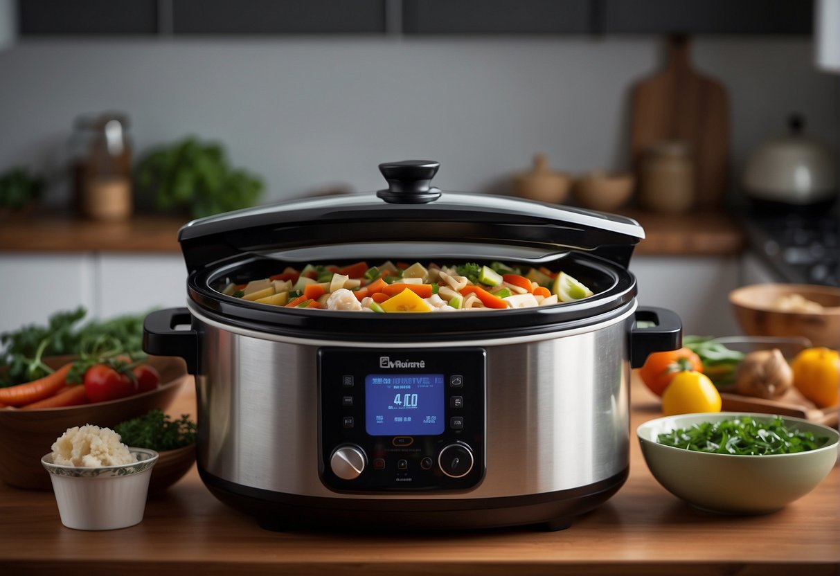 A slow cooker sits on a kitchen counter, filled with colorful and aromatic Chinese ingredients. Steam rises as the lid is lifted, revealing a delicious and healthy meal ready for reheating