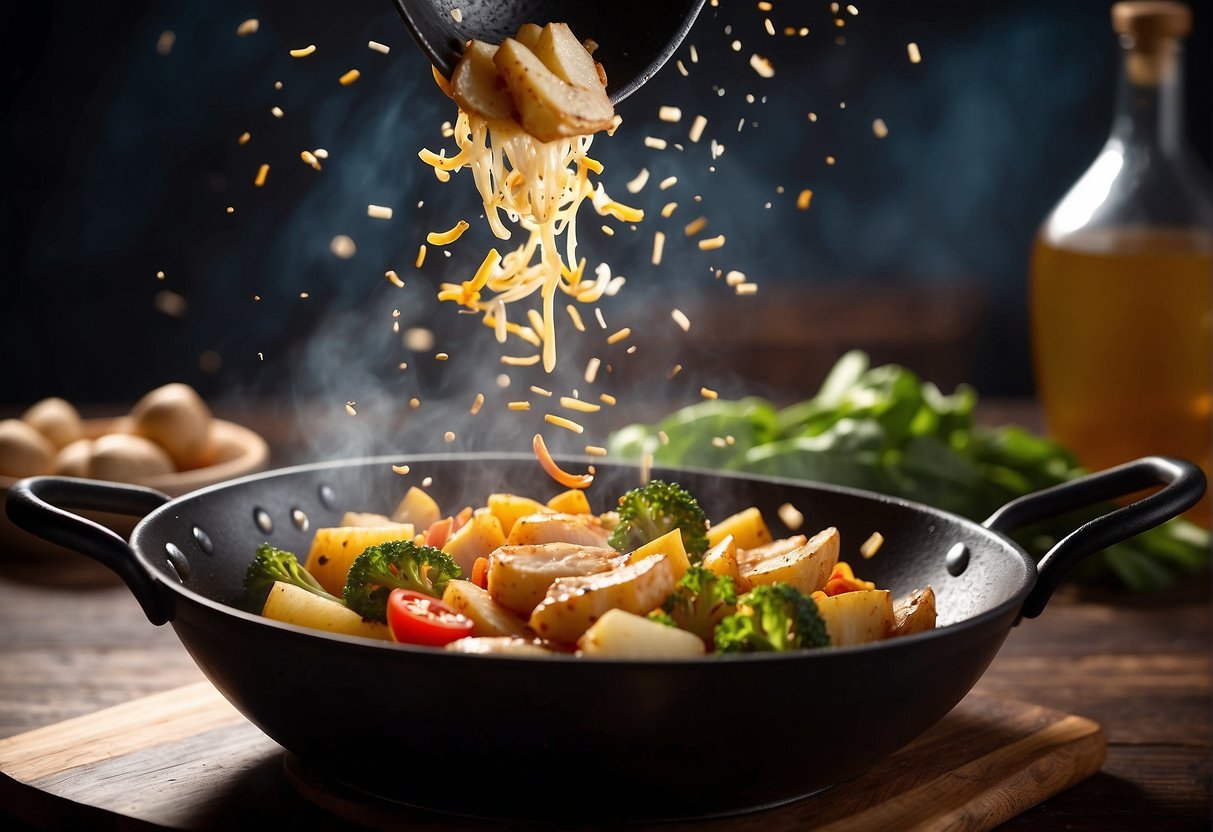 A sizzling wok tosses diced chicken, potatoes, and vegetables in a fragrant blend of soy sauce, ginger, and garlic