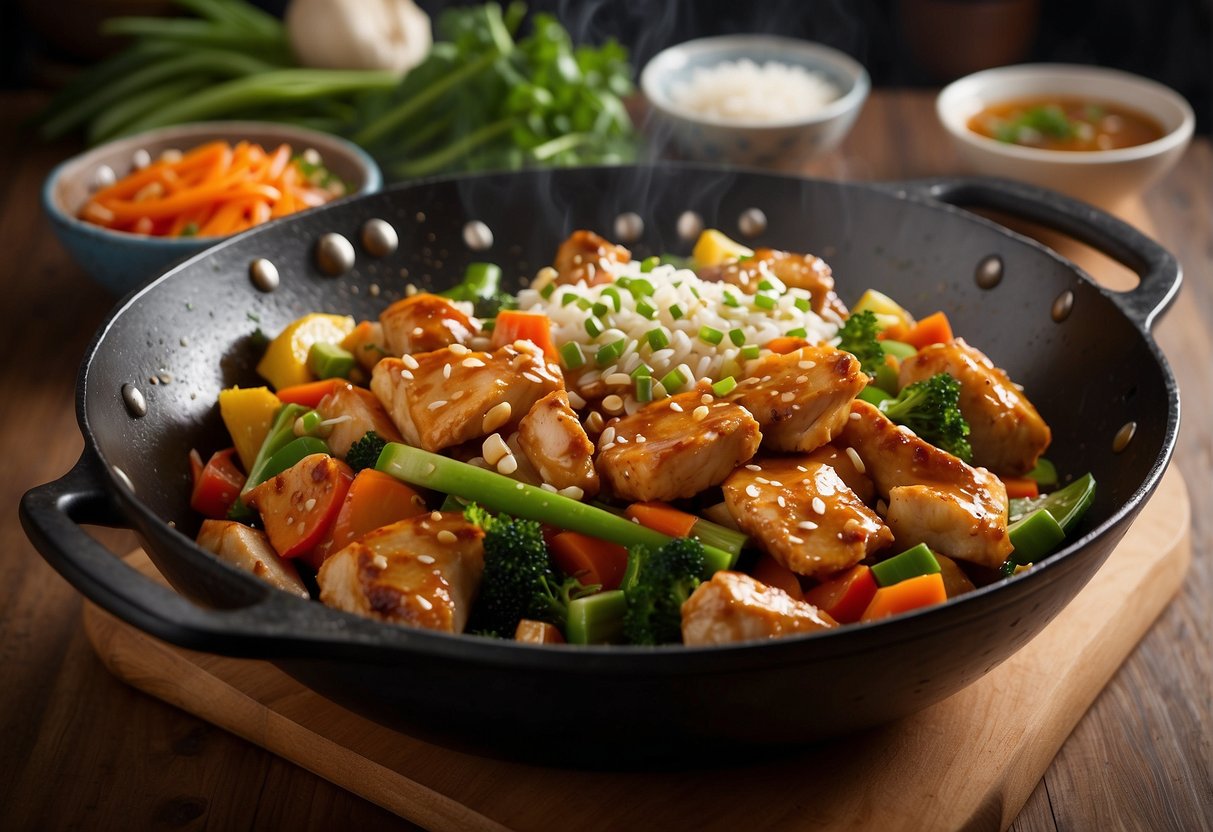 A wok sizzles with marinated chicken, garlic, ginger, and soy sauce. Green onions and sesame seeds garnish the dish, surrounded by colorful vegetables and steamed rice