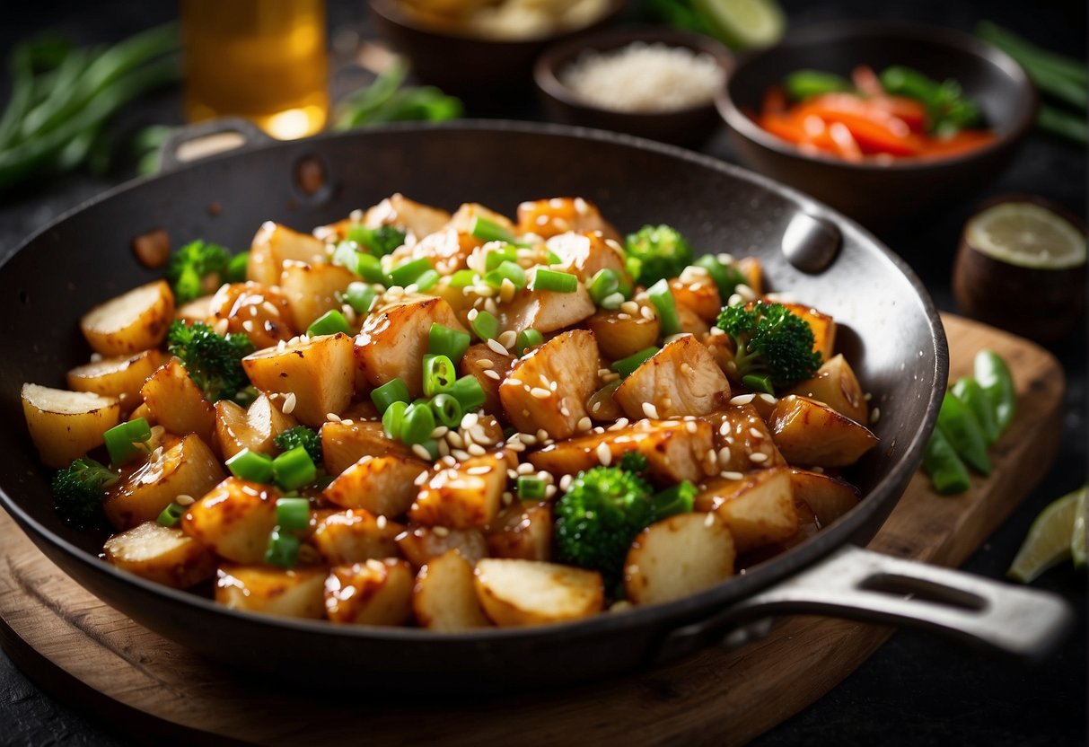Sizzling wok with diced chicken, sliced potatoes, and vibrant stir-fry sauce. Chopped green onions and sesame seeds garnish the dish