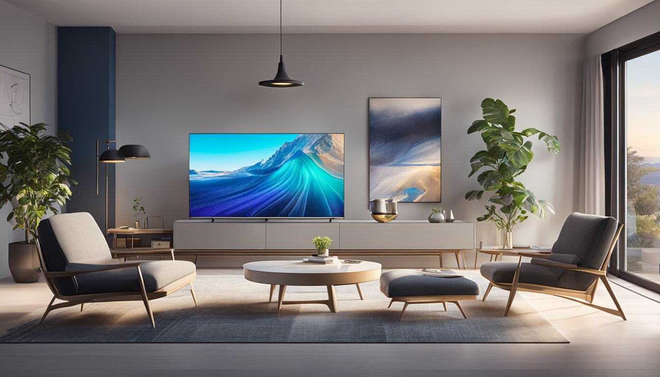 A Samsung QLED TV on display at Best Buy, surrounded by sleek modern furniture and bright lighting