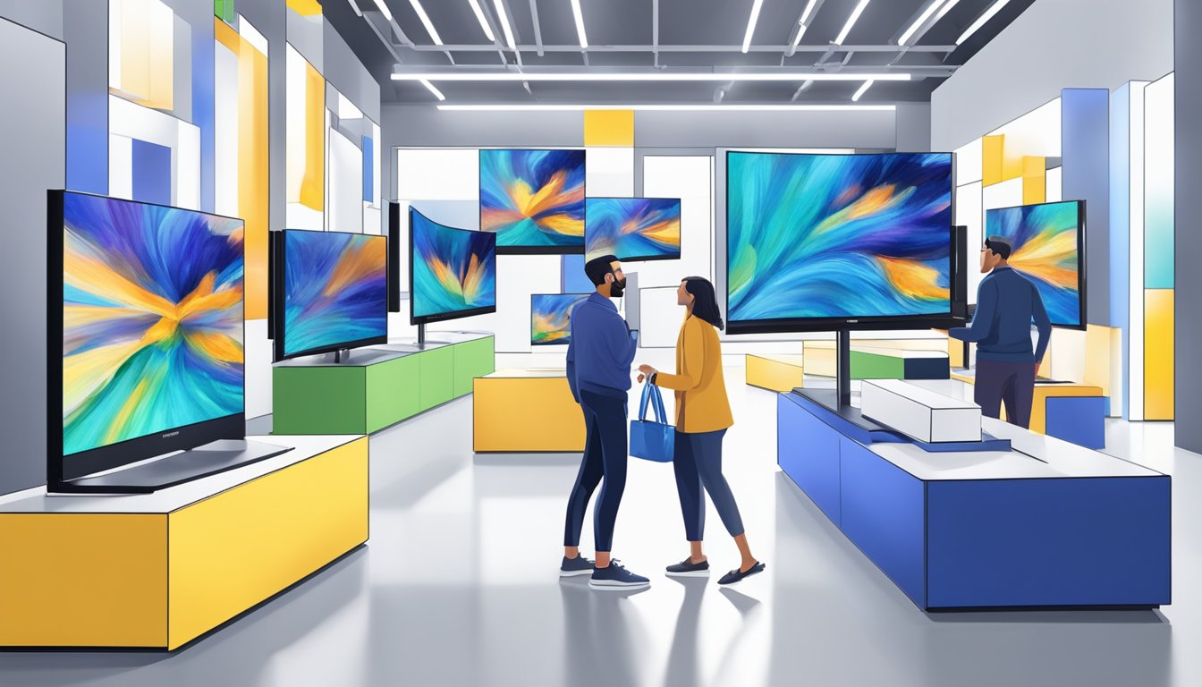 A customer excitedly examines Samsung QLED TVs on display at Best Buy. The vibrant colors and sleek design of the TVs stand out in the store