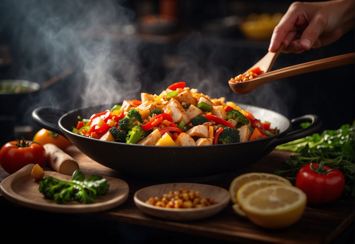 A sizzling wok tosses diced potatoes, chicken, and vibrant vegetables in a fragrant blend of Chinese sauces and seasonings