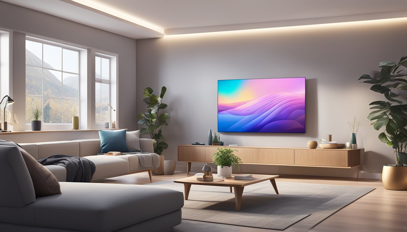 A sleek Samsung QLED TV mounted on a wall, surrounded by a modern living room with dimmable LED lights and a comfortable seating arrangement