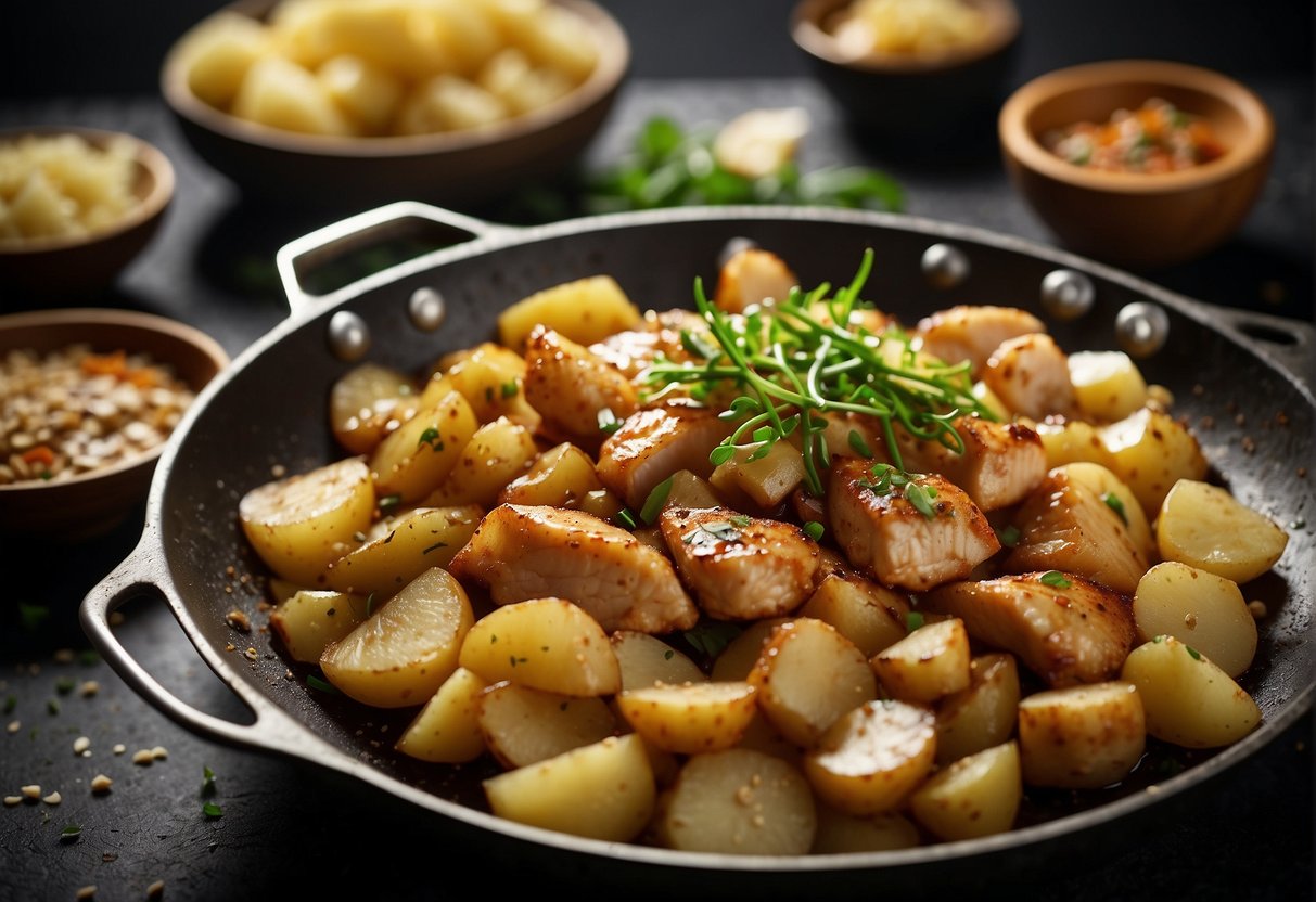 Sliced chicken and diced potatoes sizzle in a hot wok with garlic and ginger, while a savory soy sauce mixture is added and the ingredients are tossed together until perfectly cooked