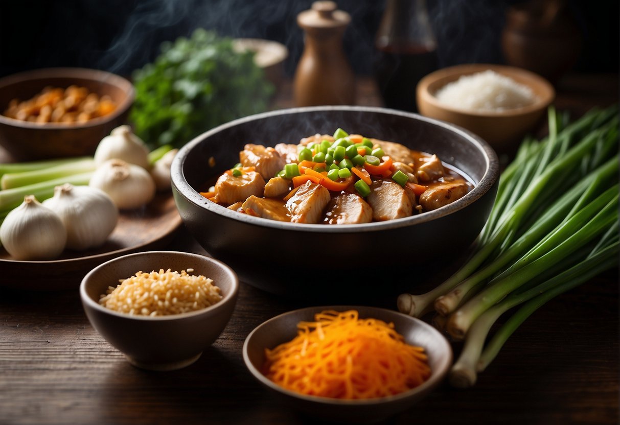 A table with soy sauce, ginger, garlic, and green onions. A wok sizzling with marinated chicken, surrounded by various vegetables and spices