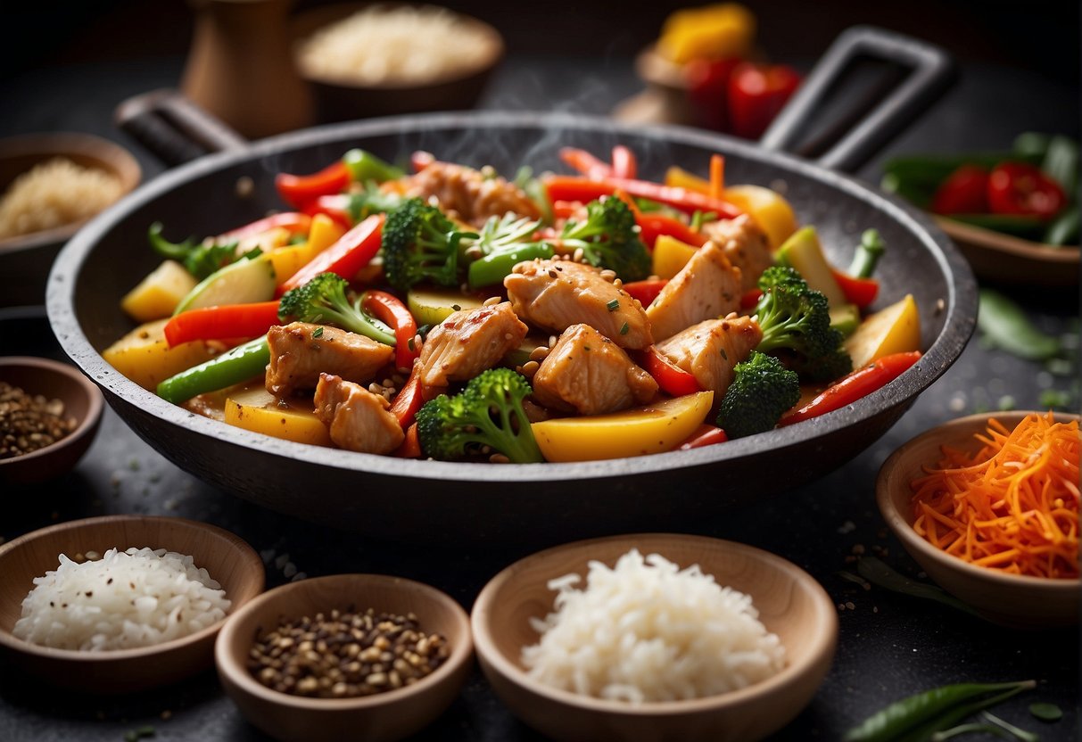 A sizzling wok with Chinese chicken potato stir-fry, surrounded by colorful vegetables and aromatic spices. A pair of chopsticks rests on the side, ready for serving