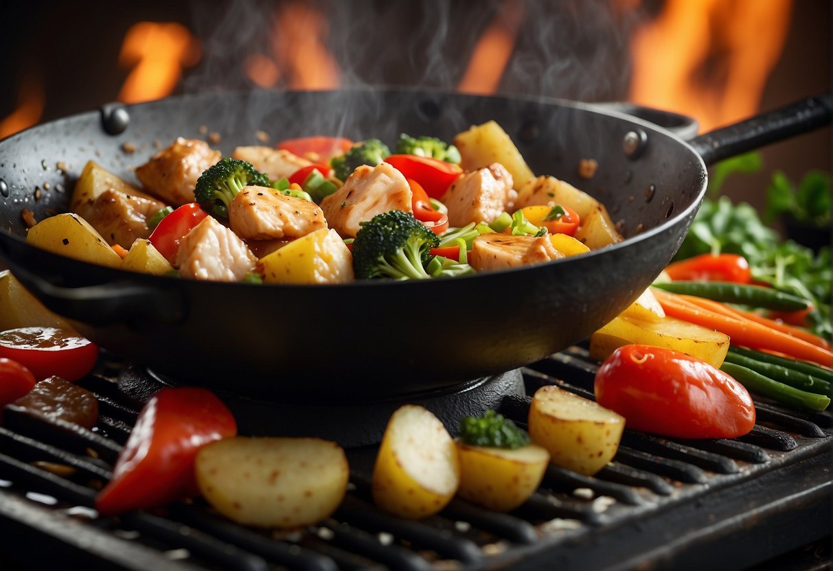 A sizzling wok with colorful chunks of chicken, potato, and vegetables stir-frying in a fragrant blend of Chinese seasonings and sauces