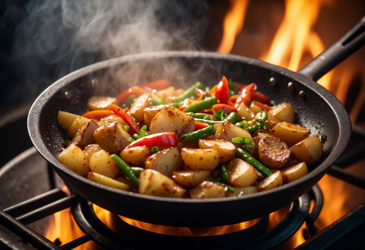 A wok sizzles as potatoes and chicken are stir-fried with Chinese seasonings. Steam rises as the ingredients are tossed and mixed together in a vibrant display of colors and aromas
