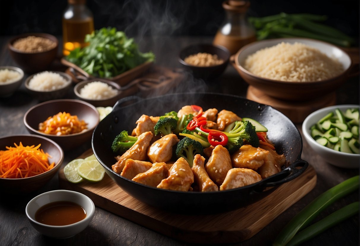 A table set with ingredients like soy sauce, ginger, and chicken. A wok sizzling with stir-fried chicken, vegetables, and savory sauces