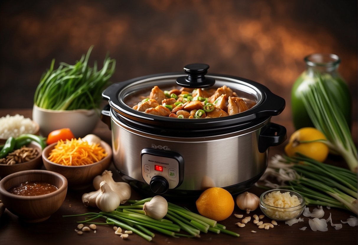 A slow cooker filled with aromatic Chinese chicken, surrounded by ingredients like soy sauce, ginger, garlic, and green onions