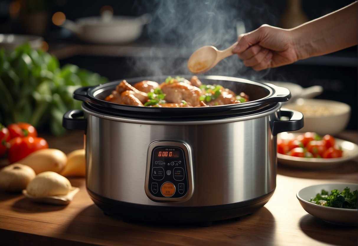 A person uses a slow cooker to prepare Chinese chicken dish, selecting the best ingredients and adding them to the pot