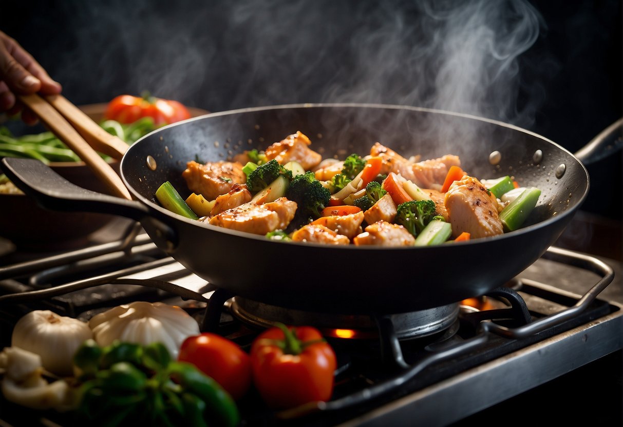 Sizzling wok stir-frying marinated chicken with ginger, garlic, and soy sauce. Steam rising, vibrant vegetables and aromatic spices nearby