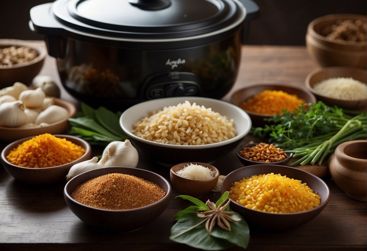 A table is covered with various Chinese ingredients like soy sauce, ginger, garlic, and spices. A slow cooker sits nearby, ready to be used for Chinese chicken recipes