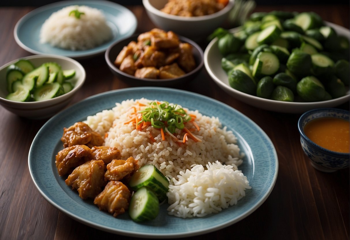 A table set with various Chinese side dishes, including steamed vegetables, fried rice, and pickled cucumbers, accompanies a plate of succulent Chinese chicken