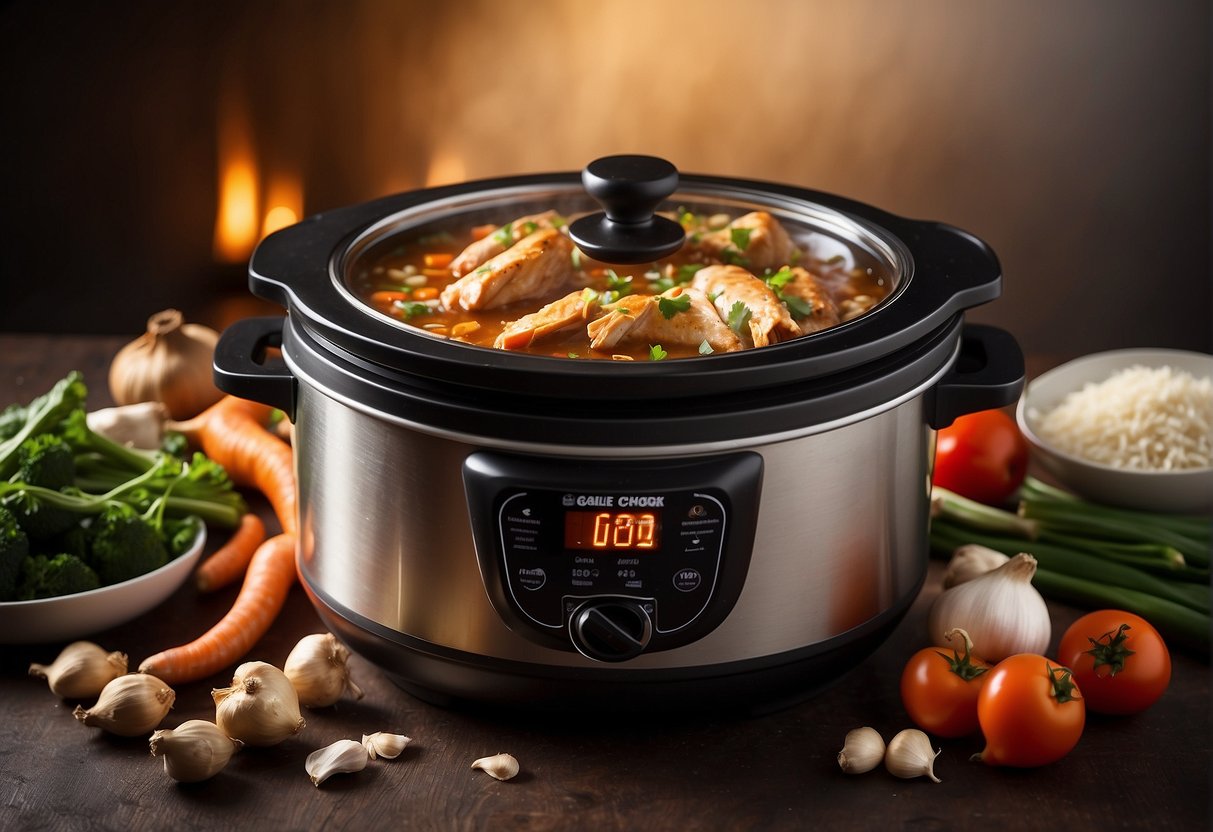 A bubbling slow cooker filled with aromatic Chinese chicken, surrounded by vibrant ingredients like ginger, garlic, and soy sauce