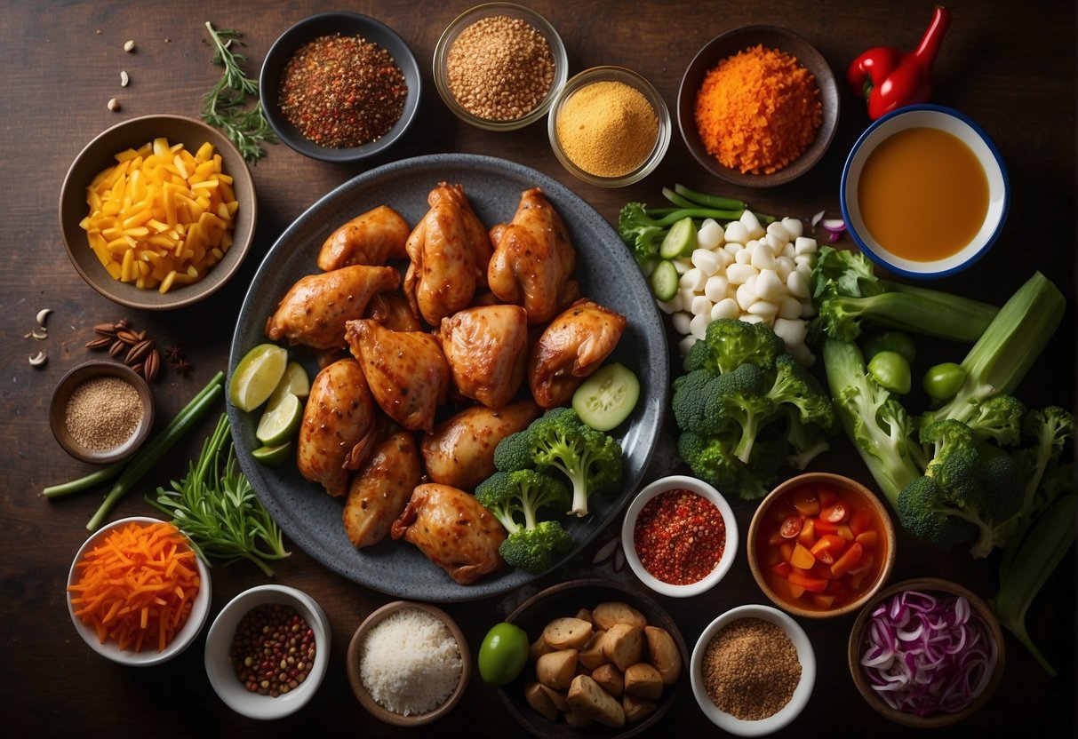 A table spread with colorful, fresh ingredients for Chinese chicken recipes: vegetables, lean meat, and aromatic spices