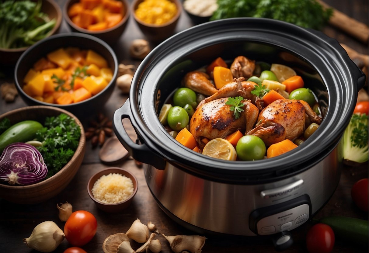 A slow cooker surrounded by colorful vegetables and spices, with a succulent Chinese chicken dish as the main attraction