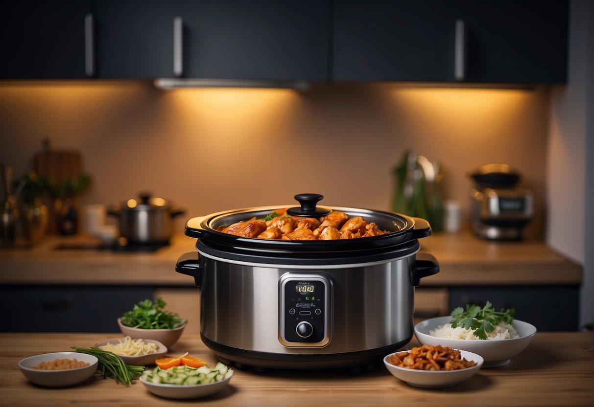 A slow cooker sits on a kitchen counter, filled with aromatic Chinese chicken. Steam rises as the chef adds finishing touches and garnishes, preparing to serve the delicious dish