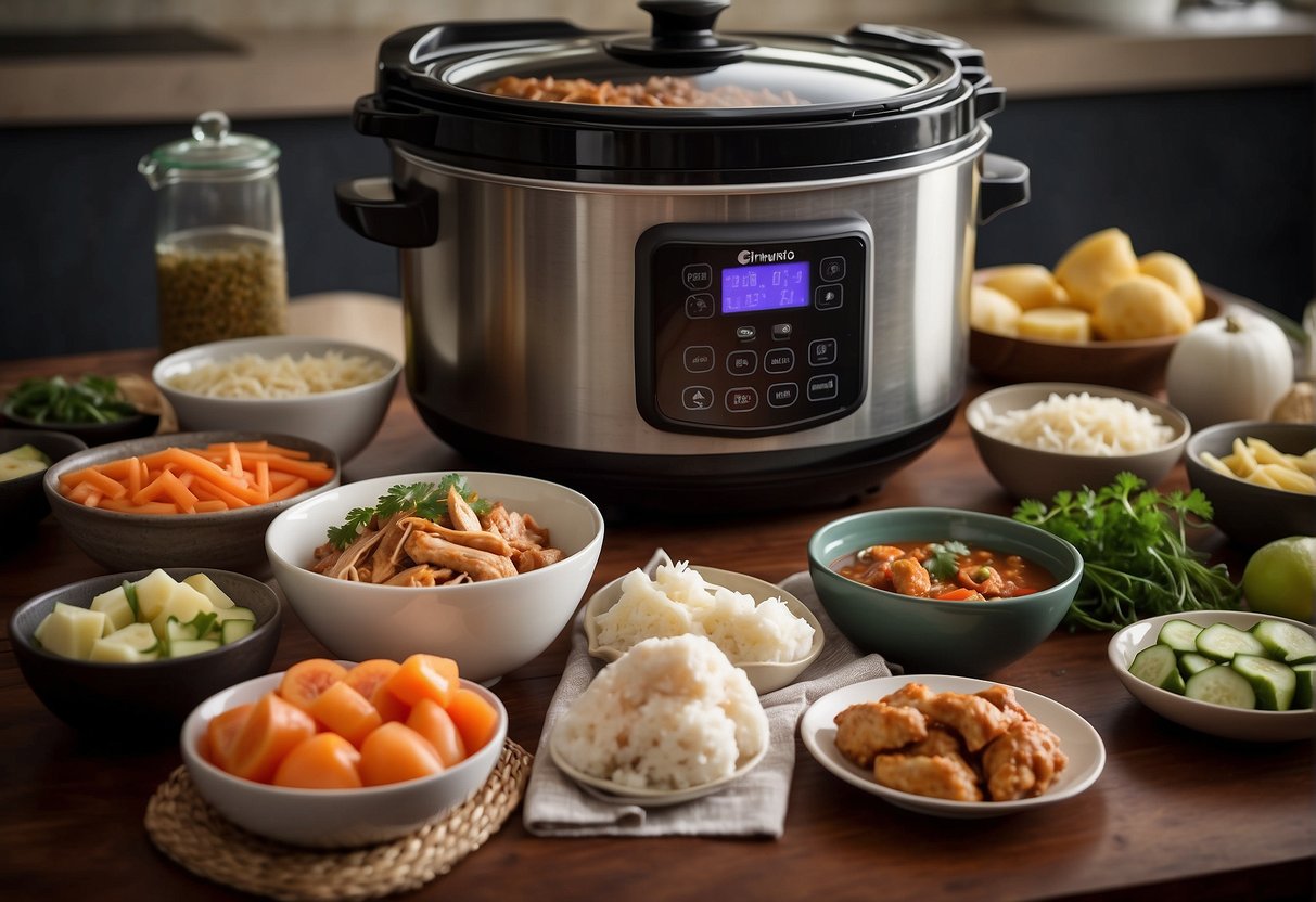 A slow cooker surrounded by Chinese ingredients with a list of frequently asked questions about chicken recipes displayed nearby