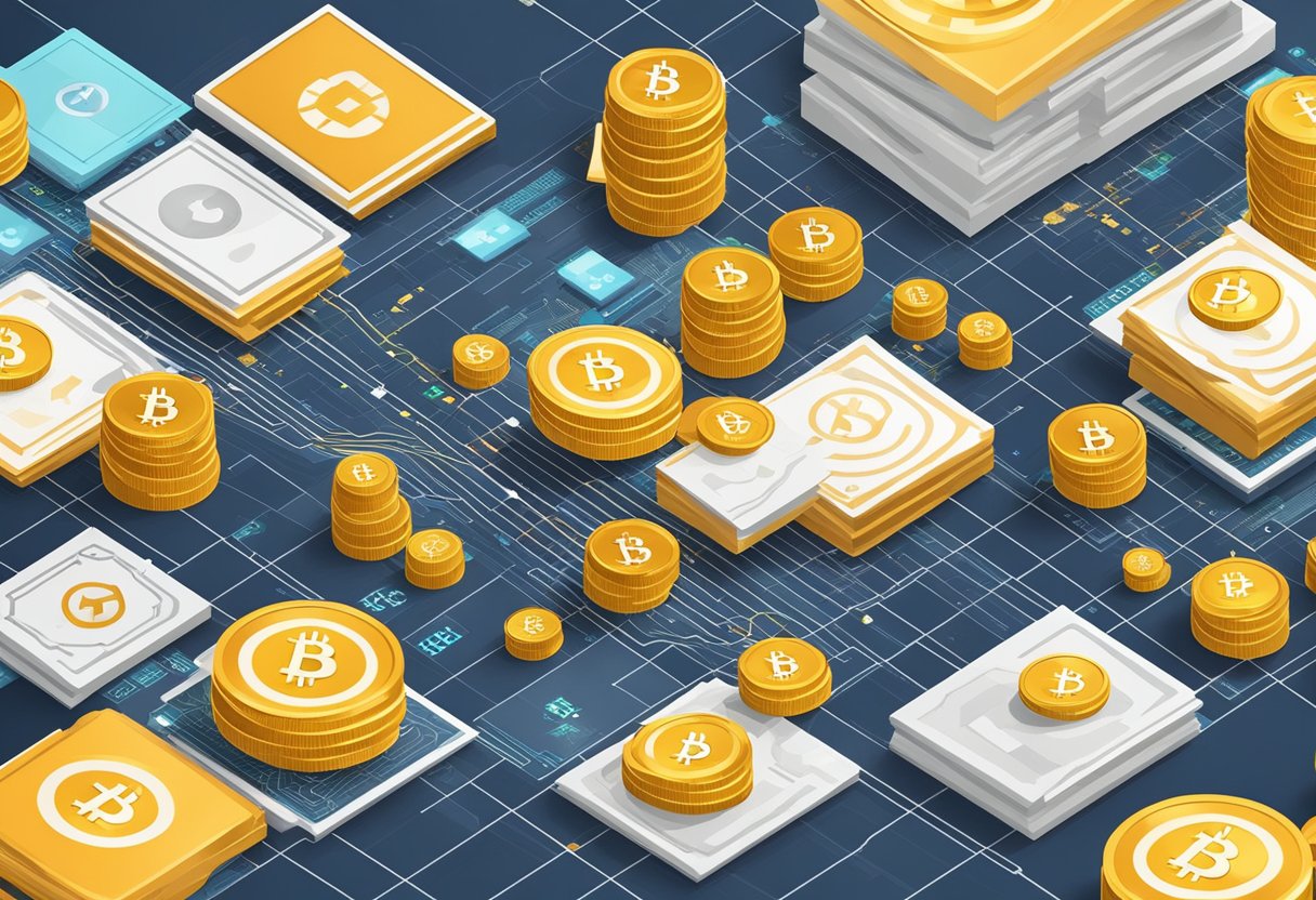 A stack of Bitcoin and other crypto currency symbols on a rising graph, surrounded by financial charts and data
