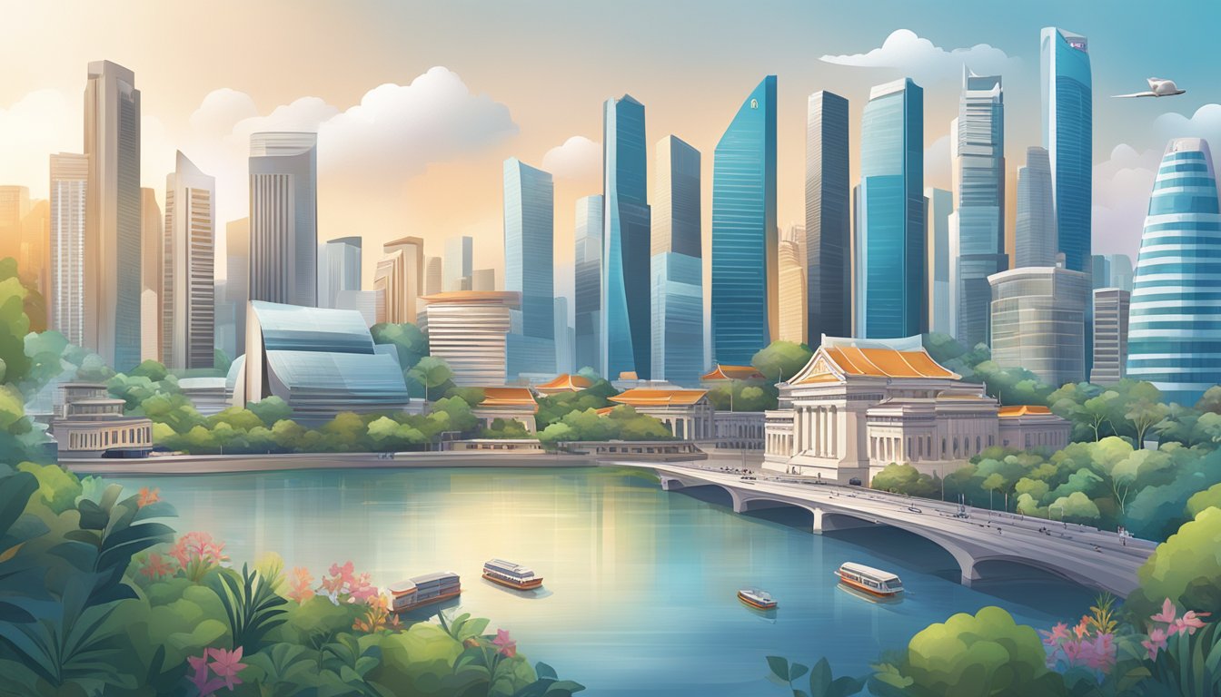 A bustling city skyline with the iconic Singapore landmarks, surrounded by financial institutions and modern buildings, representing the Citi Interest Booster Account