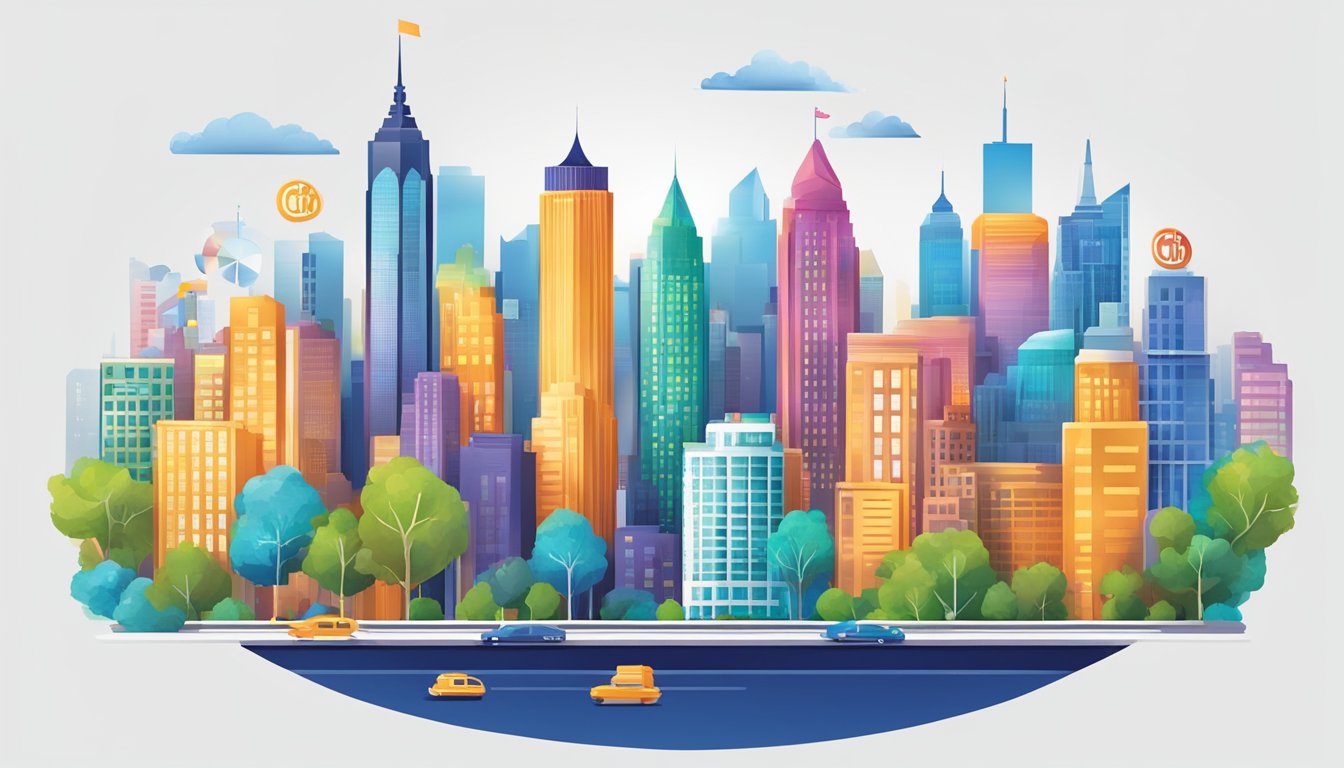 A vibrant city skyline with the iconic Citi logo prominently displayed, surrounded by symbols of financial growth and prosperity