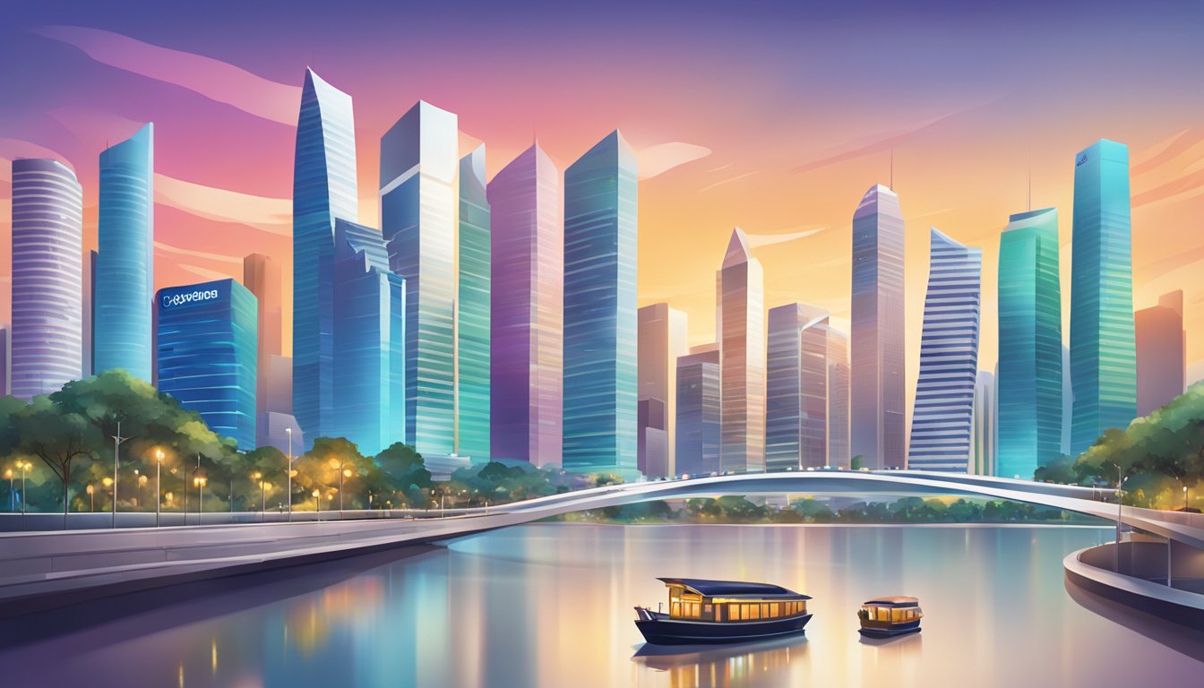 A vibrant cityscape with iconic Singapore landmarks in the background, featuring a sleek and modern bank branch with the Citi logo prominently displayed