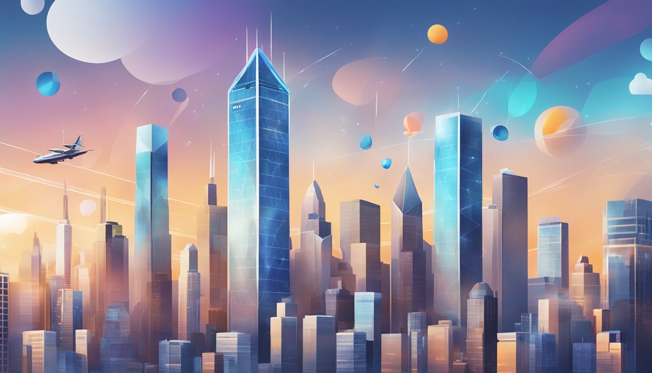 A modern city skyline with Citi logo prominent, surrounded by digital financial tools and wealth solutions