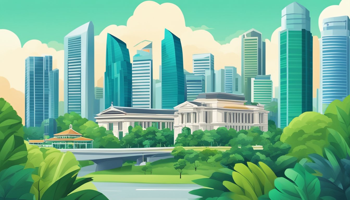 A vibrant cityscape of Singapore with a prominent bank building, surrounded by modern skyscrapers and lush greenery, symbolizing the best high interest savings account in the country