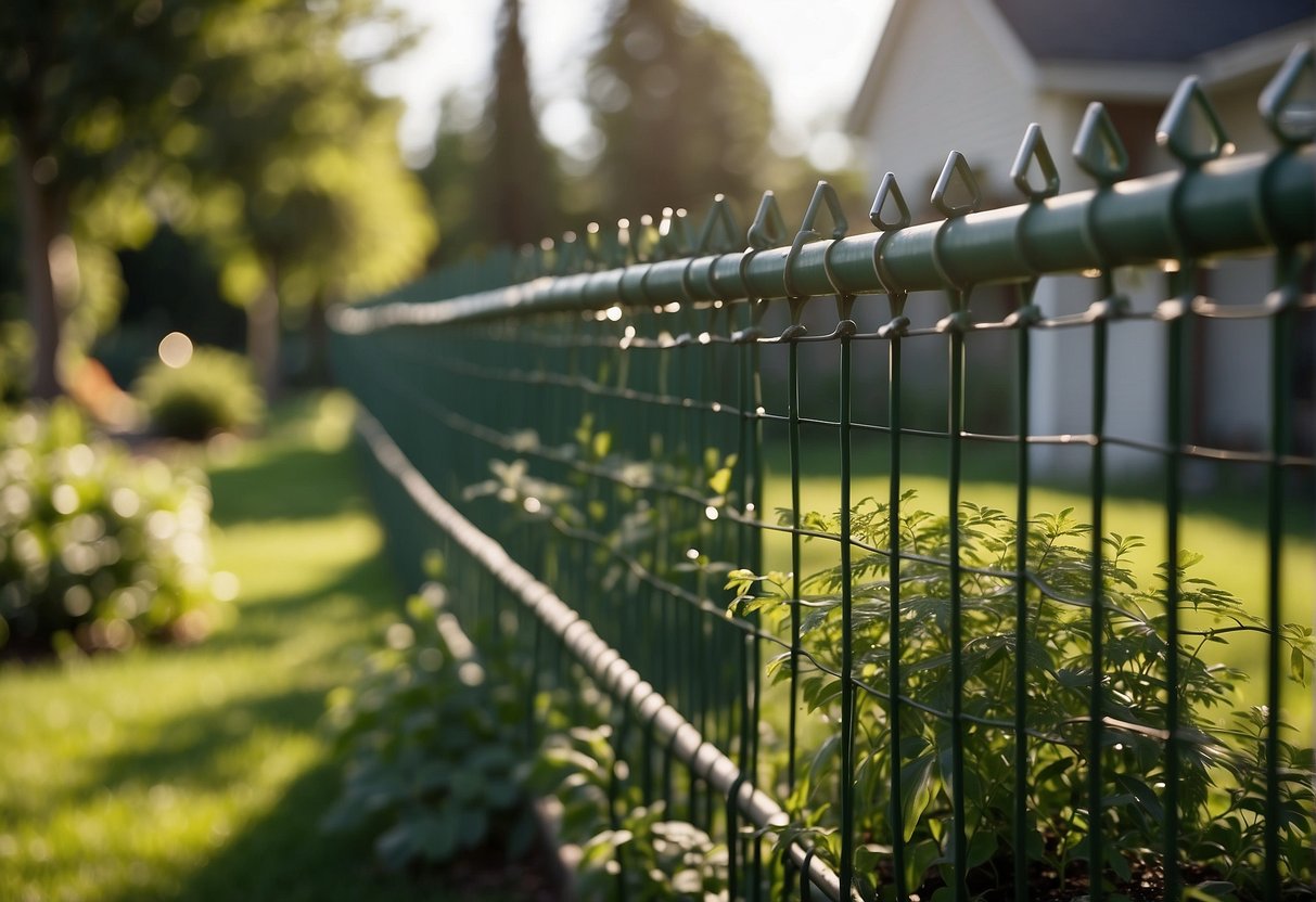A fence surrounds the garden, with signs of deterrents like motion-activated sprinklers and mesh covers over the plants