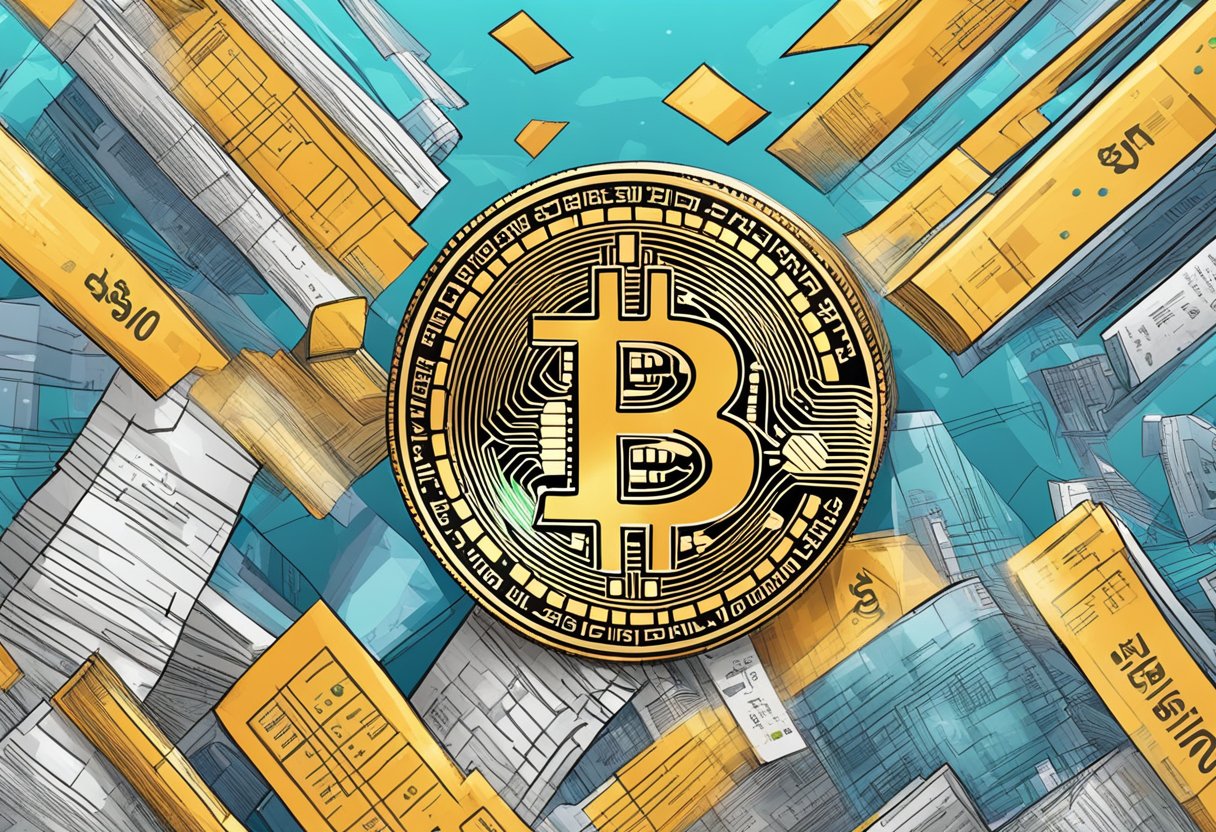 Bitcoin price chart soaring upward, surrounded by news headlines, and a digital currency symbol