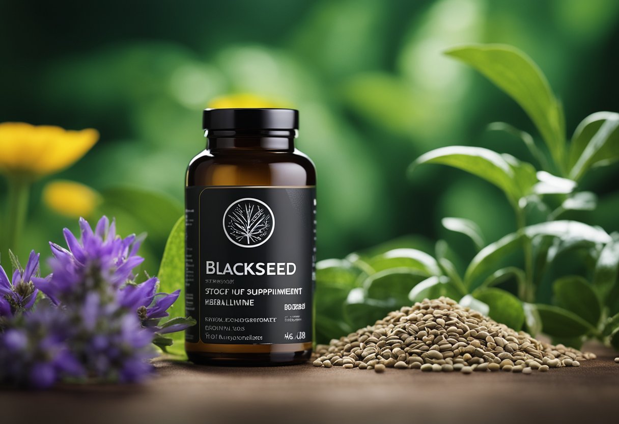 A close-up of a bottle of Blackseed Herbal Supplement with the product name and logo prominently displayed on the label. The bottle is surrounded by various herbs and seeds, emphasizing its natural ingredients