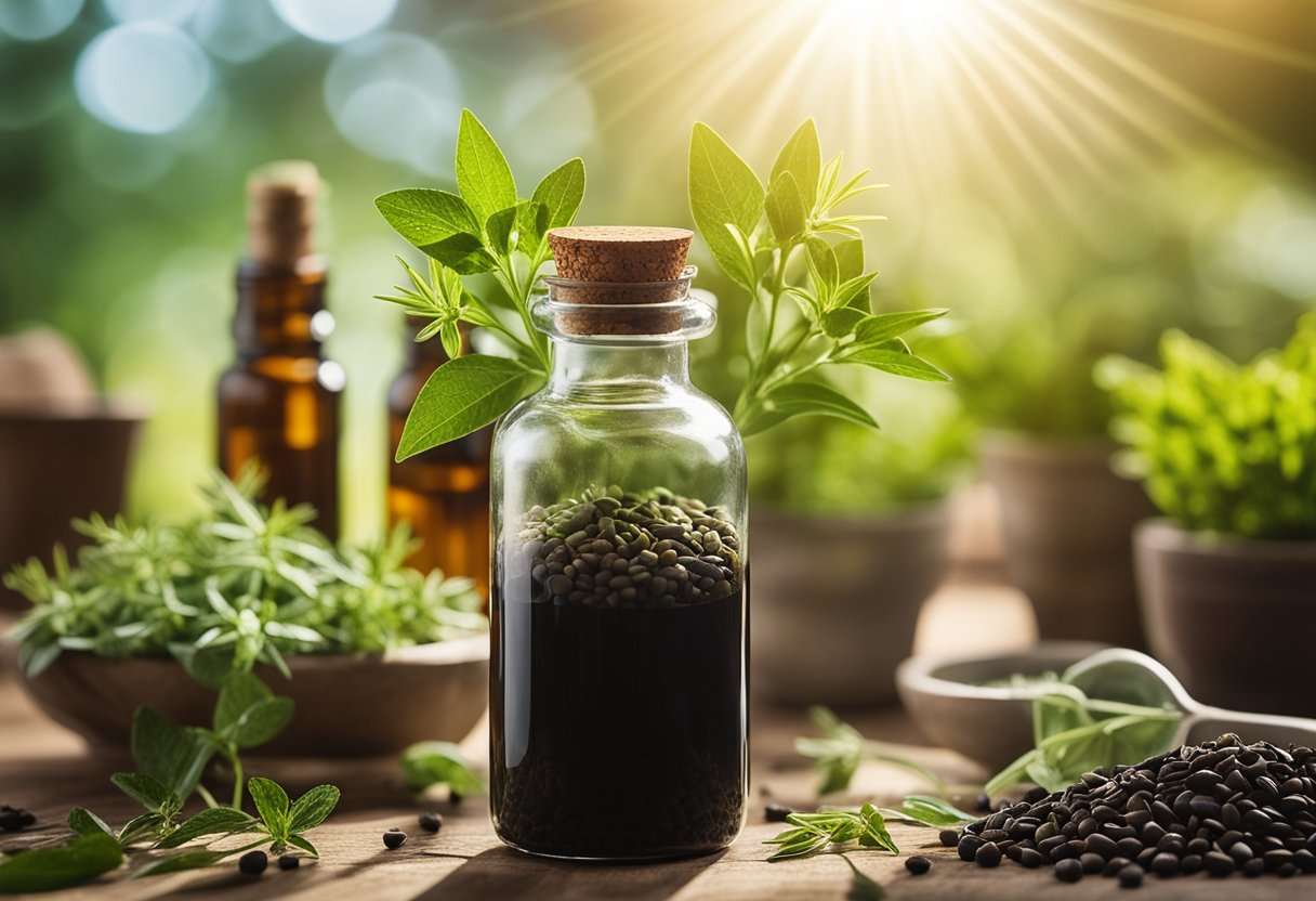 A bottle of blackseed herbal supplement surrounded by various fresh herbs and plants, with rays of sunlight shining down on it