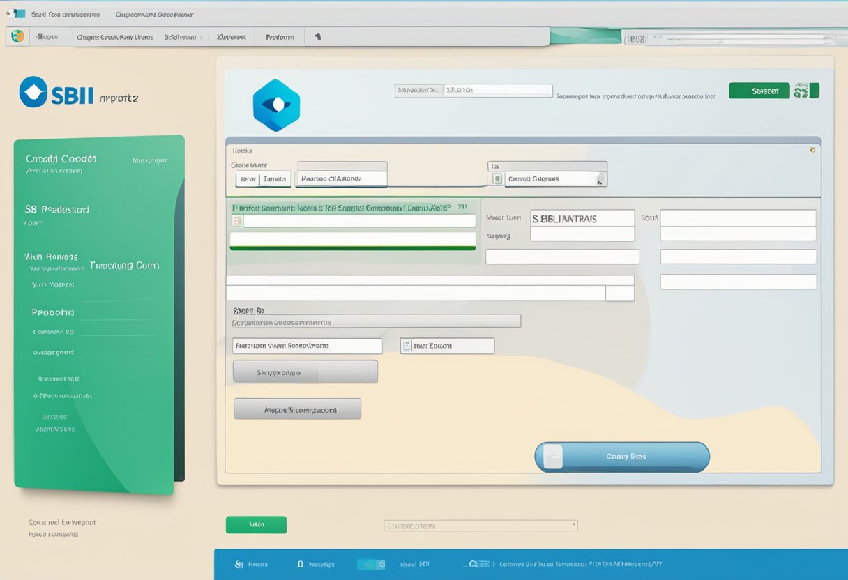 A computer screen displays the SBI logo and a credit card login page with fields for username and password