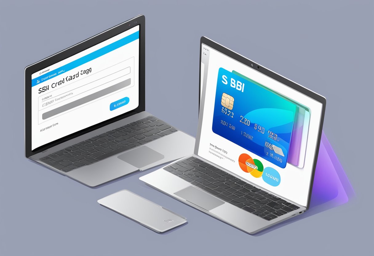 A laptop displaying the SBI credit card login page with a username and password input fields, and a "login" button