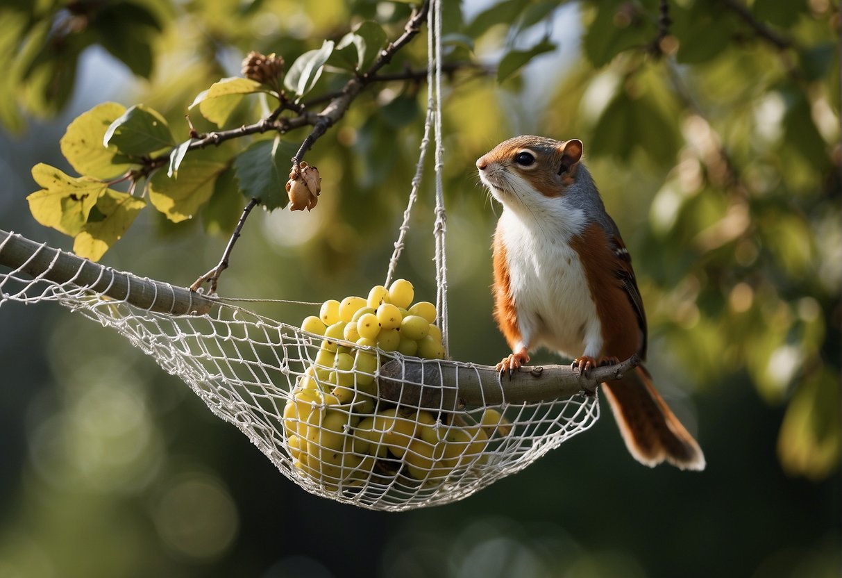 Birds and squirrels deterred from fruit trees by netting and hanging shiny objects