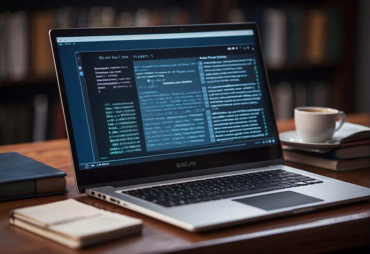 A computer with AI software displayed on the screen, surrounded by books and a notepad with handwritten notes