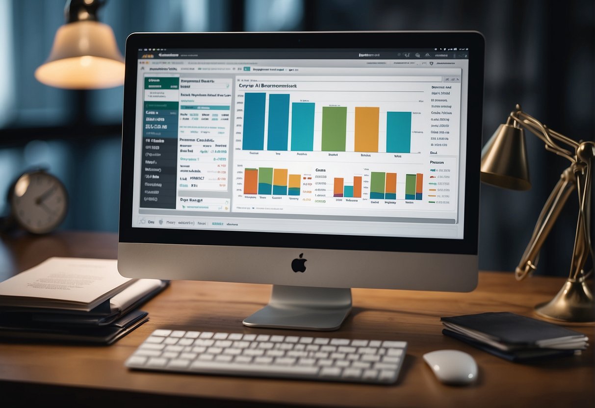 A computer screen displaying data analysis tools and charts, with a book titled "Delving Into Data Science AI for Beginners" open on a desk