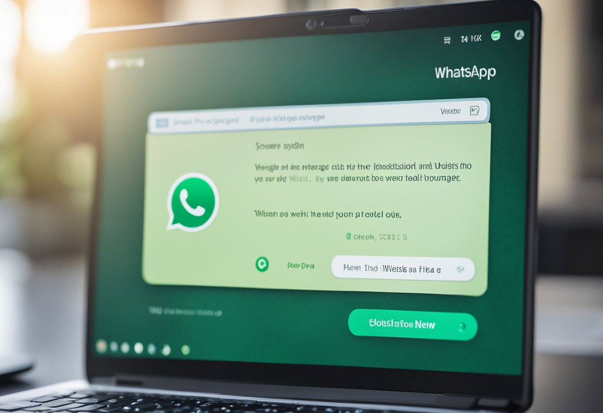 A laptop screen displays the WhatsApp Web interface, with the chat window open and a message being typed