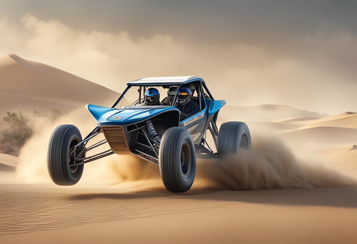 A dune buggy races across the sandy desert, kicking up clouds of dust as it navigates the rugged terrain