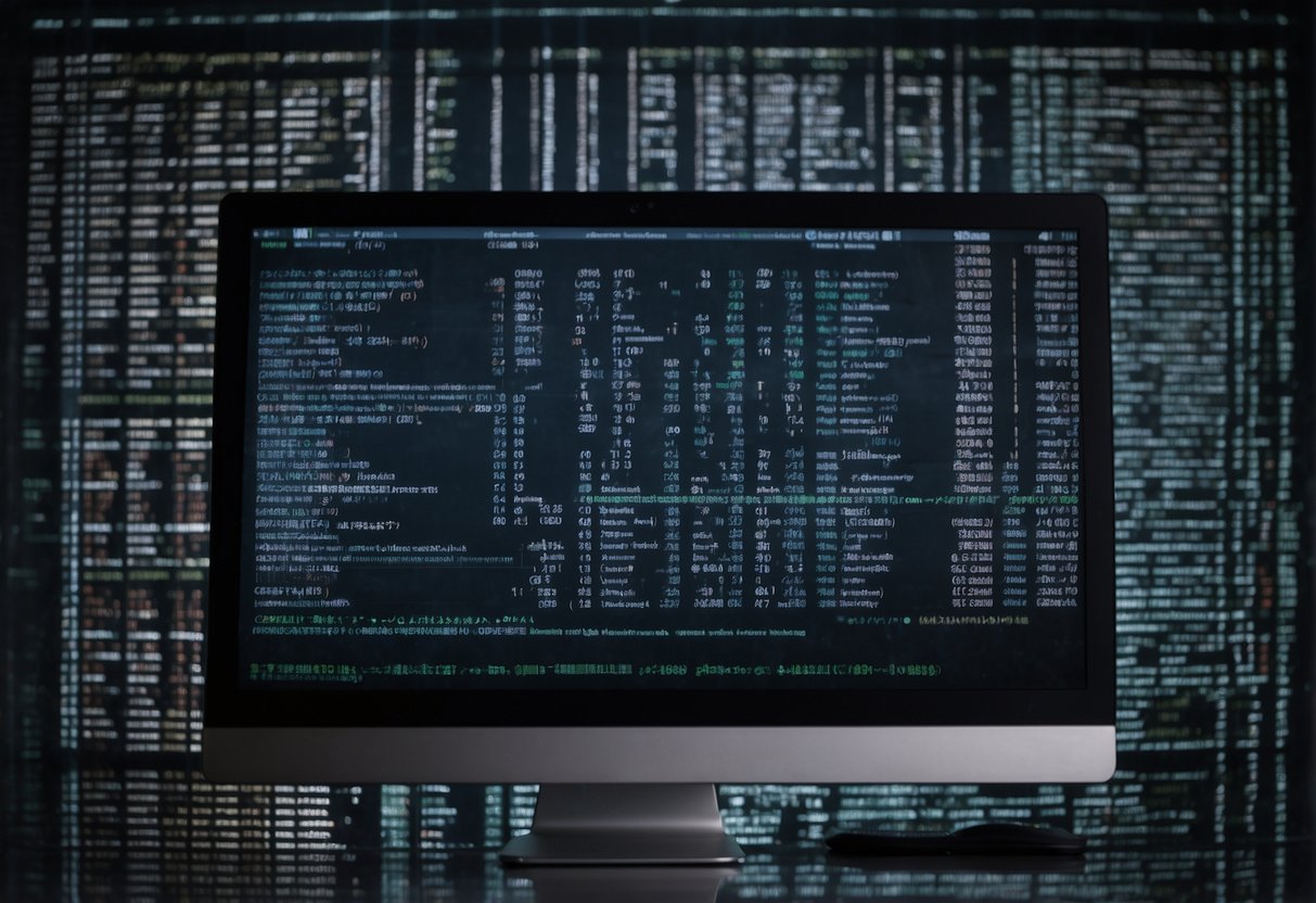 A computer screen displaying code and data sets, with a book on machine learning open nearby