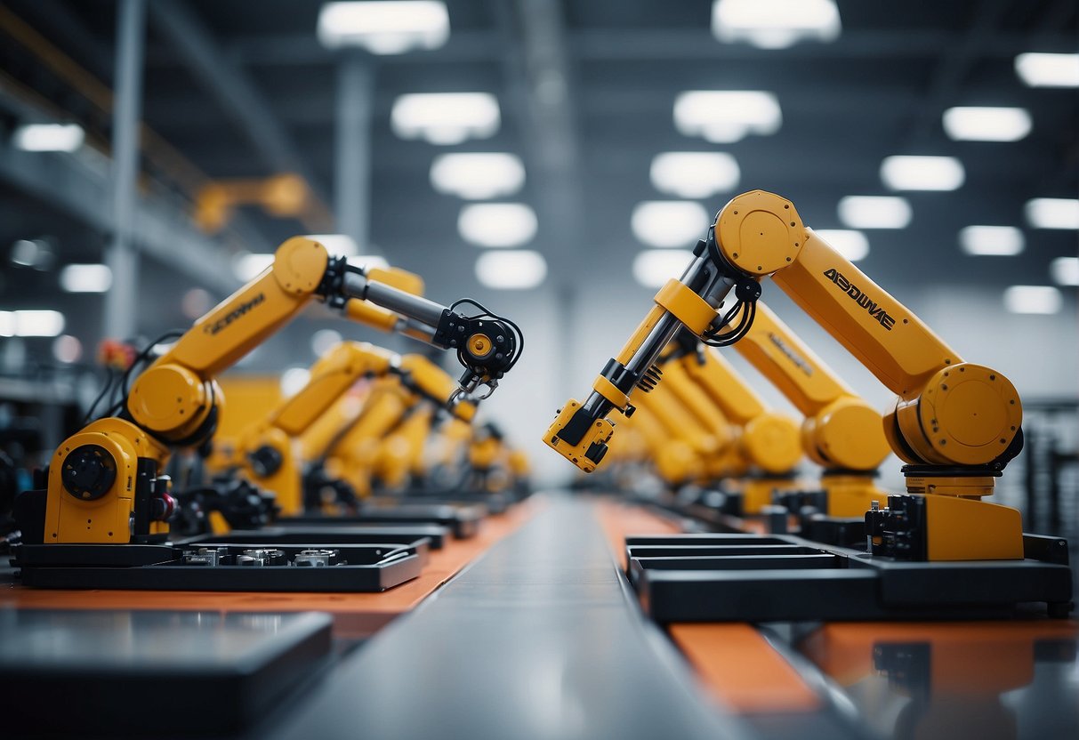 Robotic arms assembling products in a factory, while AI software monitors and optimizes production processes