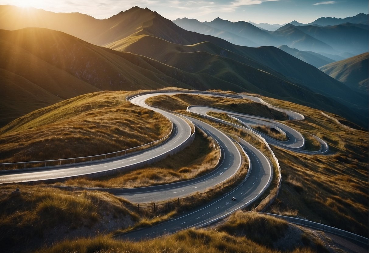 A winding roadmap with AI concepts and milestones, leading to a bright future in the field