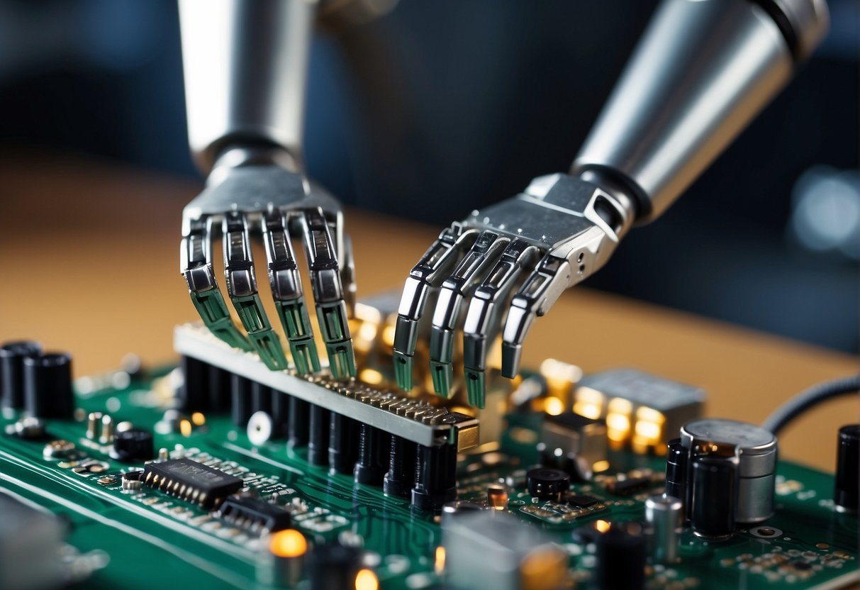 A robot arm assembling AI components on a circuit board