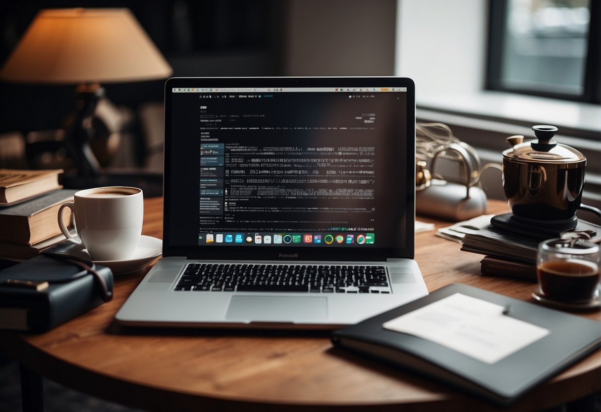 An open laptop displaying AI tools and frameworks, surrounded by books and papers, with a cup of coffee nearby
