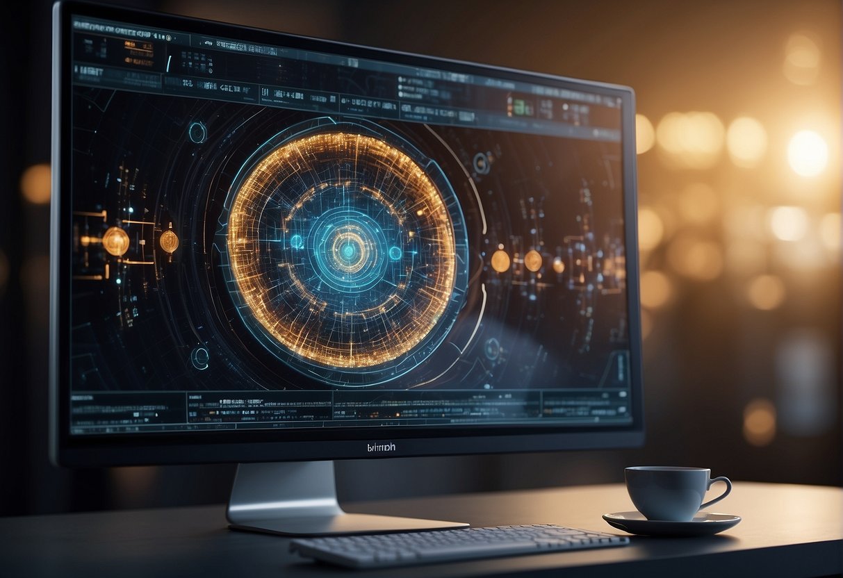 A computer screen displays AI algorithms generating artistic designs