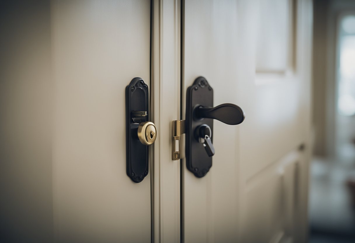 A hand turns a key in a locked bathroom door, opening it