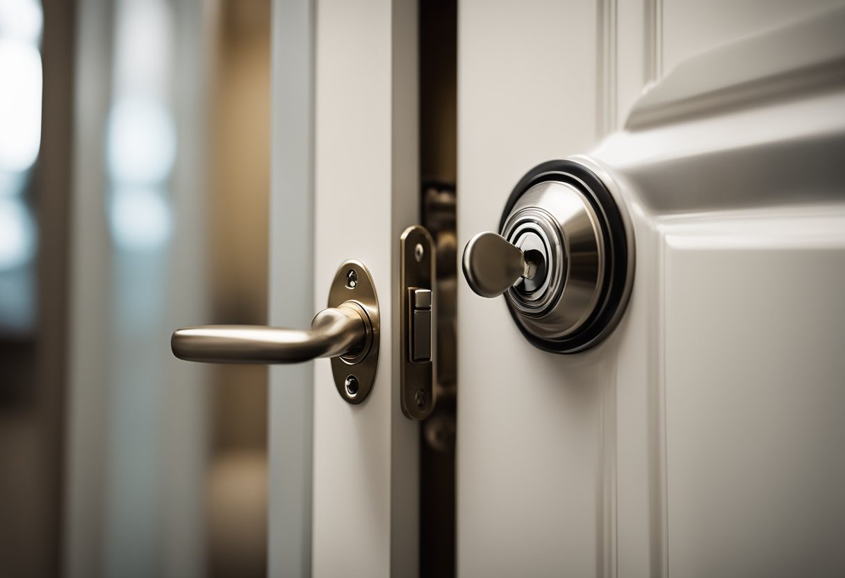 A hand reaches for a bathroom door key, inserting it into the lock and turning it to open the locked bathroom door