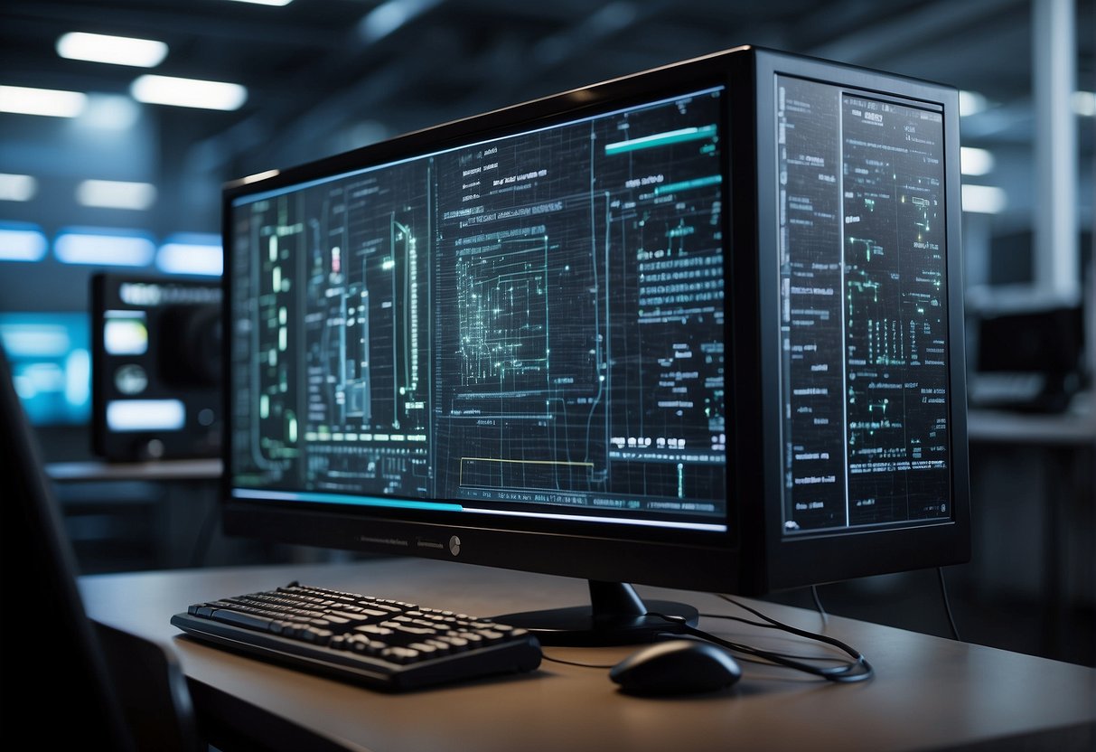 A computer monitor displaying AI algorithms, with wires connecting to a central processing unit and a robotic arm conducting tests